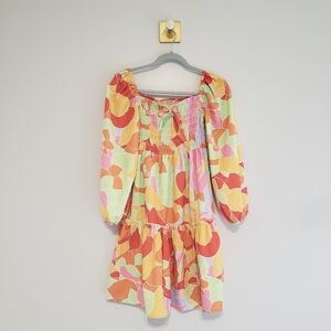 Sunday Up Long Sleeve Mini Dress Women Small Multicolor Abstract Floral Smocked